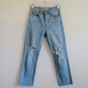 Levi's Women's Wedgie Straight Distressed Button-Fly Blue Jeans size 26 Raw Hem